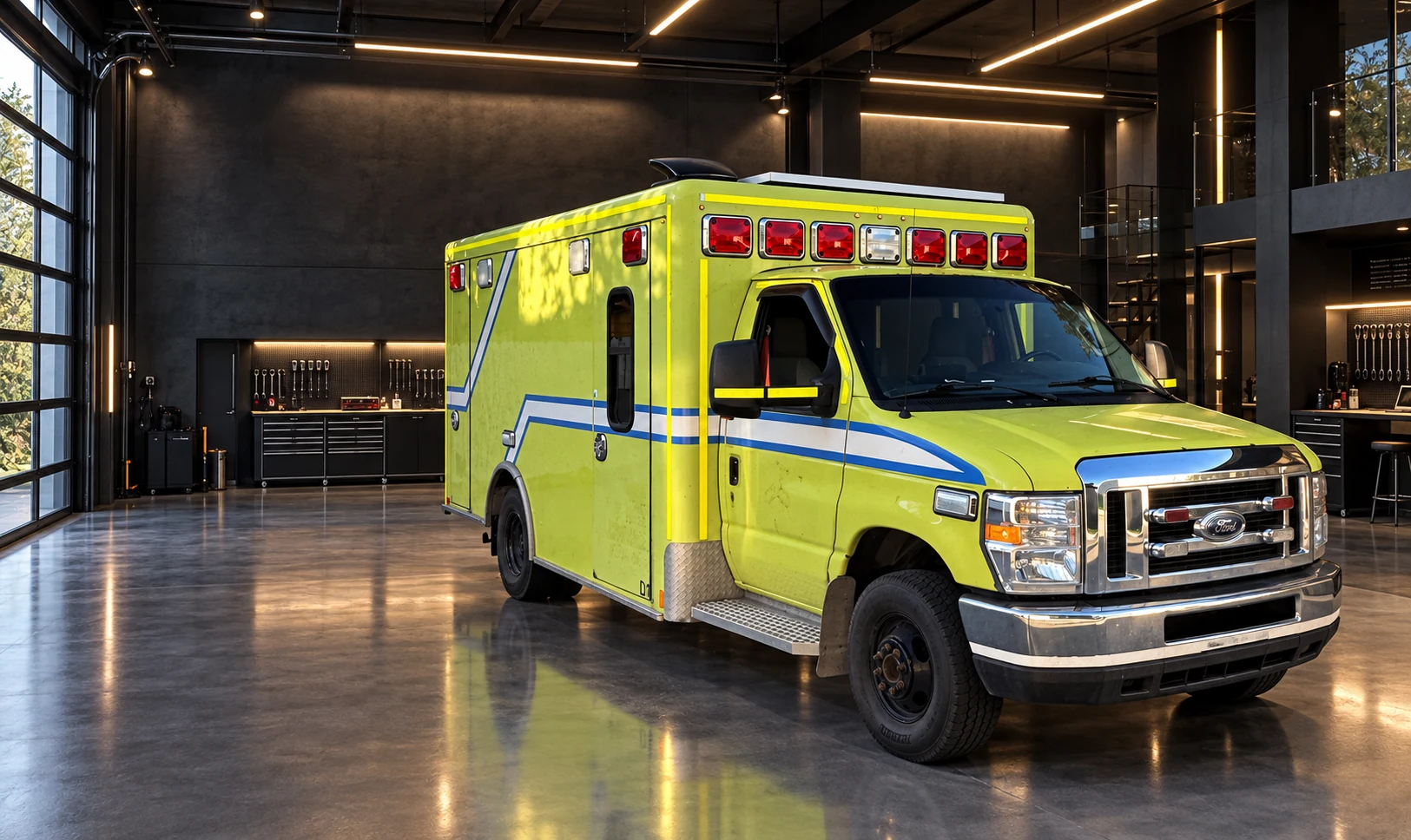 Ambulance Ford 2017 dans le garage du laboratoire mobile JARVIS