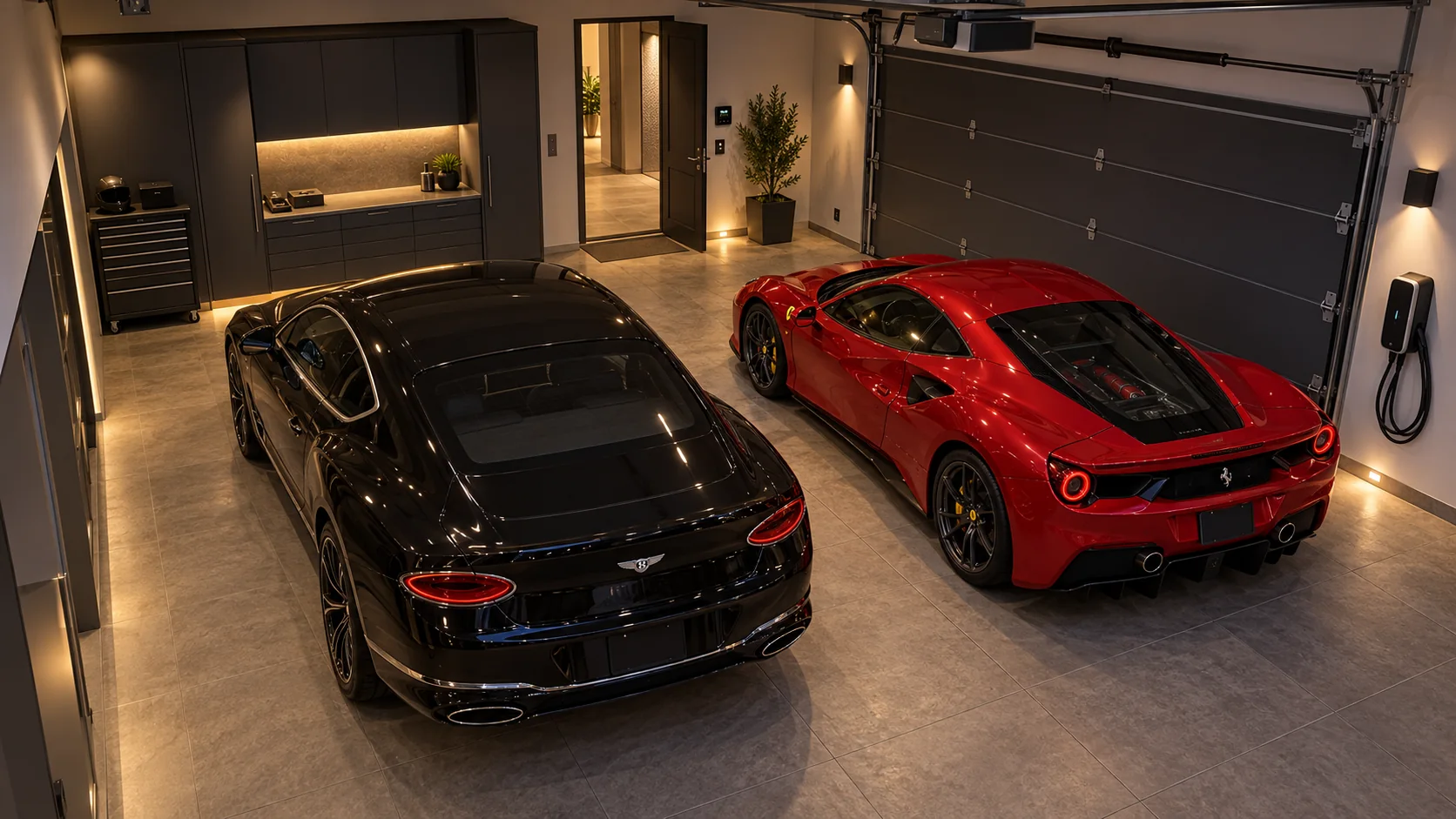 Caméra intérieure du garage avec deux véhicules de prestige