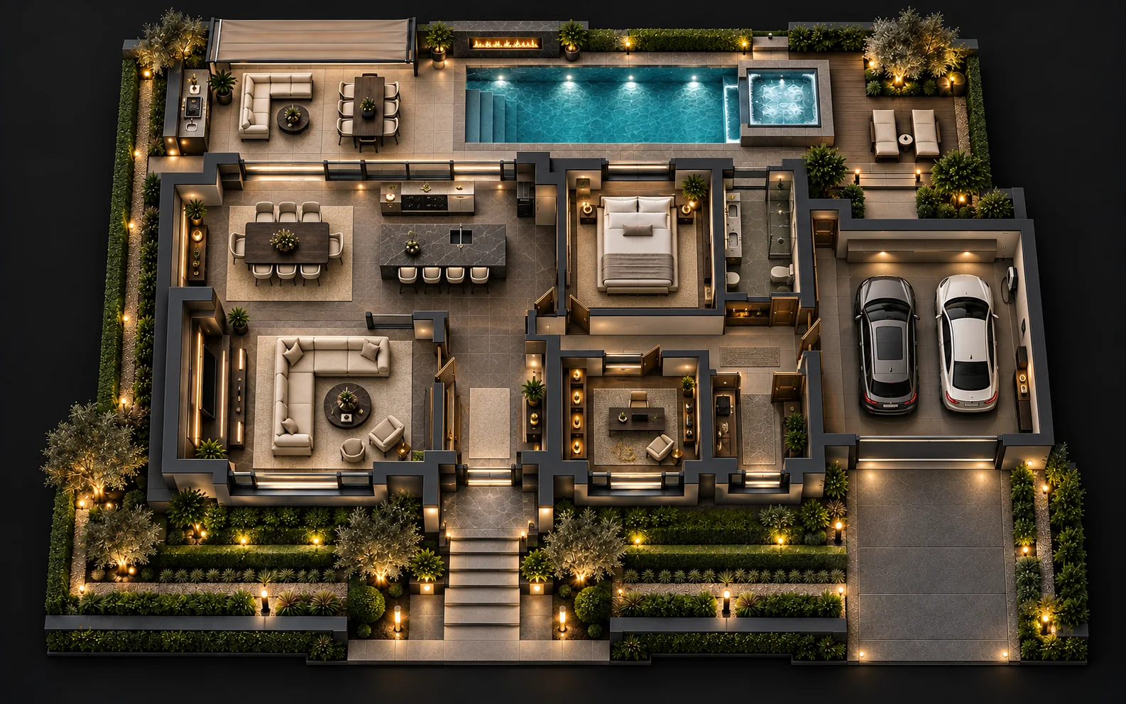 Plan en trois dimensions d’une propriété intelligente avec résidence, terrasse, foyer au propane, piscine et garage relié à la maison